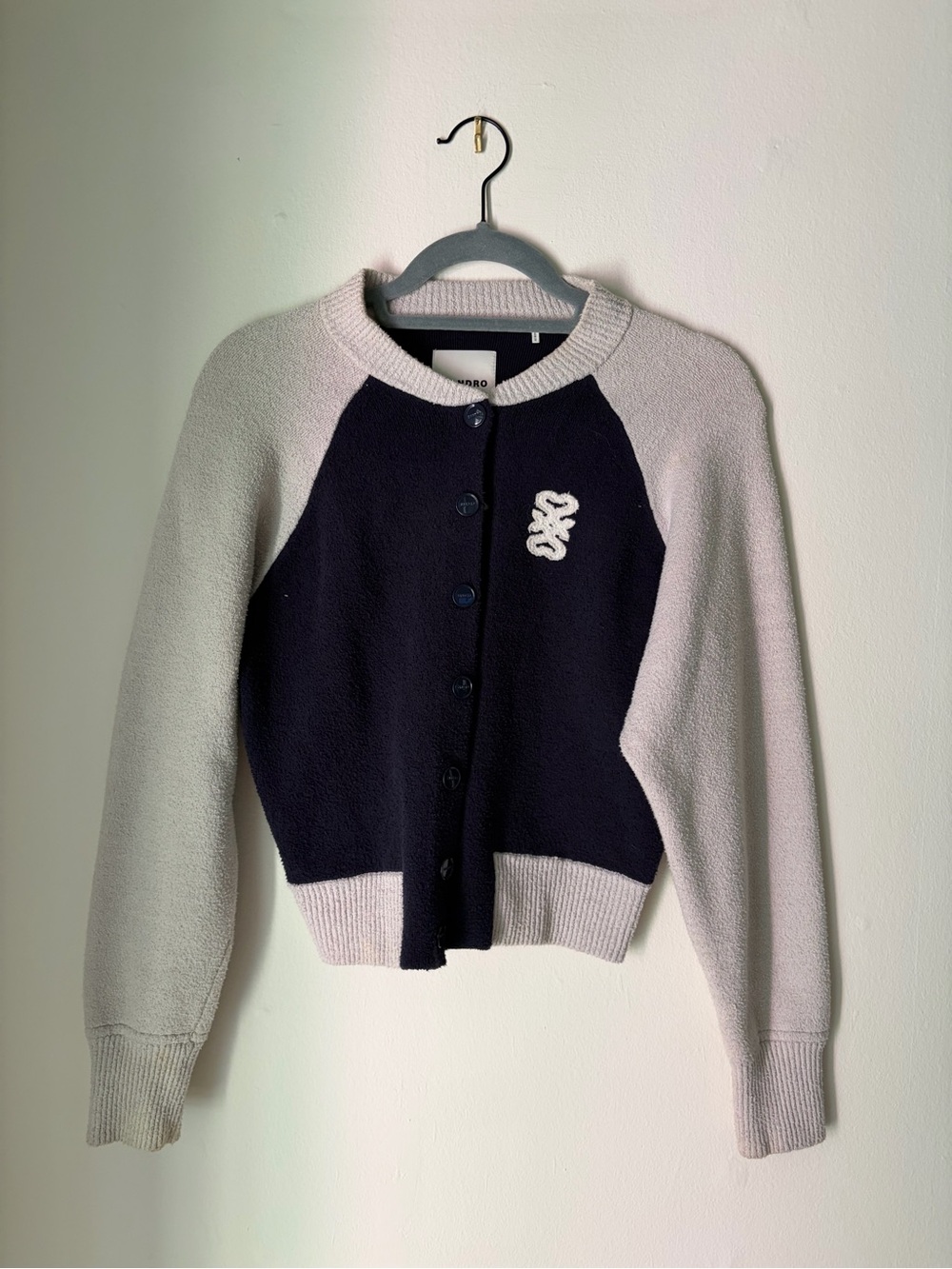 Sandro Navy and Light Gray Textured Knit Jacket
